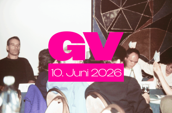 Archivbild. Menschen sitzen in einem Raum und heben die Hand mit Stimmzetteln. Auf dem Bild sind gross die Buchstaben GV zu sehen.